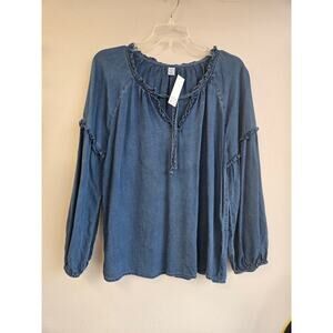 Old Navy Medium Blue Lyocell‎ Denim Look Peasant Blouse Top Ruffle Tie-Neck